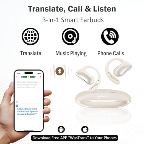 Xupurtlk F56 AI Translation Earbuds Real Time - 144 Languages Translator Earbuds with 5 Translate Modes, Audifonos Traductores Inglés Español for Travel/Business, Translator - Beige & Offline — view 3