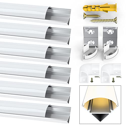 Jirvyuk Profilé Aluminium LED 6x1mètre Aluminium Profilé V-Forme pour Bandes LED, Compact à Découper Profilé LED avec Blanc Laiteux Couvercle,Embouts,Clips de Montage en Métal,Connecteurs d'angle Cover