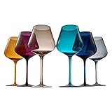 Jewel Colored Crystal Wine Glass Set of 6, Gift For Mothers, Her, Wife, Friend - Winter & Fall Colors 20 oz Glasses, Italian Style Tall Drinkware Red & White, Dinner, Color Beautiful Glassware
