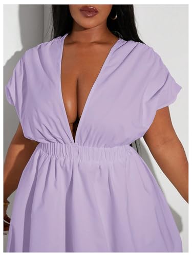 Image of WDIRARA Women's Plus Size Deep V Neck Bubble Dress Short Sleeve A Line Mini Dresses