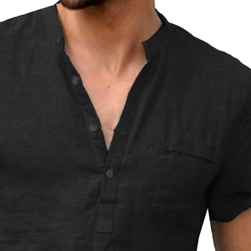 Men Half Button Thin Street Shirt Classic Stand Collar Simple Style T Shirts Summer Solid Front Pocket Daily Tops2