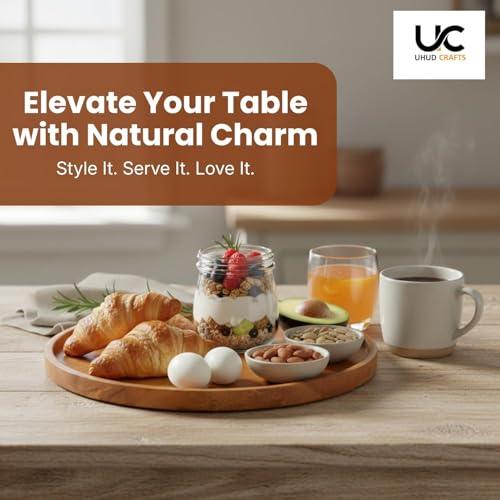 Image of UHUD CRAFTS Premium Wooden Round Serving Tray /Platter | Decorative Tray for Home Decor, Dining Table & Kitchen Decor | Circular Solid Wood Tray for Serving Tea, Coffee or Breakfast
