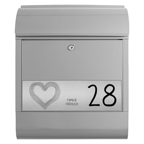 banjado Briefkasten personalisiert mit graviertem Namensschild in Edelstahl - Wandbriefkasten Silber - Postkasten mit Hausnummer, Namen & Motiv Herzbordüre - Briefkasten mit Zeitungsfach