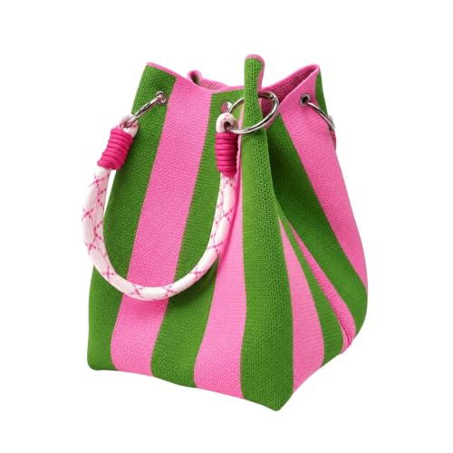 Image of Kawn Knit Crochet Tote Bag for Women - Striped Bucket Style Shoulder Handbag | Lightweight Boho Beach Purse for Travel, Vacation & Casual Use