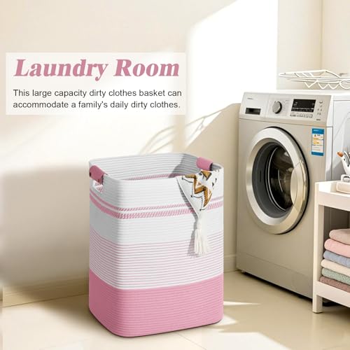 Image of Laundry Hamper, 85L Tall Laundry Basket with Leather Handles, Rectangle Large Clothes Hamper for Organizing, Cotton Woven Laundry Baskets Storage Hampers for Bedroom, Nursery, Living Room