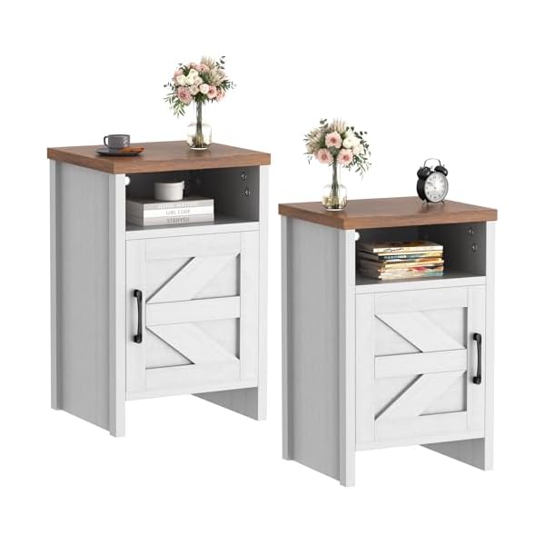 Jummico farmhouse nightstand modern bedside table with barn door and shelf rustic end table side table for bedroom living room 2 white  urban country home decor