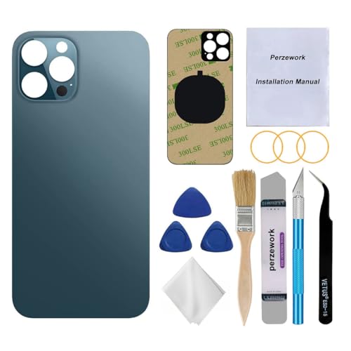 Perzework OEM Rear Back Glass Replacement (Pacific Blue) Compatible with iPhone 12 pro max 6.7 inches All Carriers with Pre-Installed Adhesive and Repairing Tool Kits