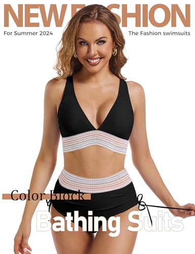 High Waisted Bikini Sets for Women Tummy Control Swimsuits Color Block Drawstring Womens Two Piece Bathing Suits 20254