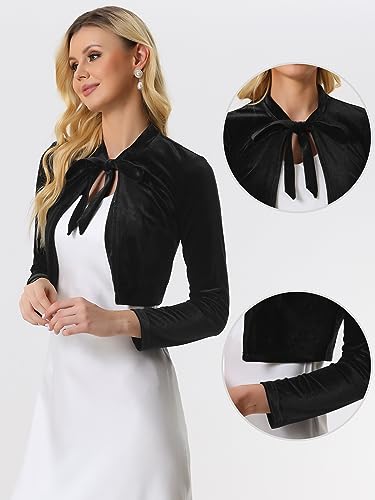 Image of Allegra K Velvet Crop Shrug for Women's Tie Front Long Sleeve Elegant Bolero Cardigan