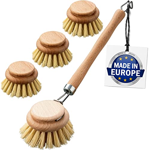 Set de 4 brosses à Vaisselle en Bois avec Fibres Naturelles, Set économique composé d'une Brosse à Vaisselle et de 3 têtes de Rechange, Brosse à Vaisselle en Bois Durable, Brosse en Bois Cover