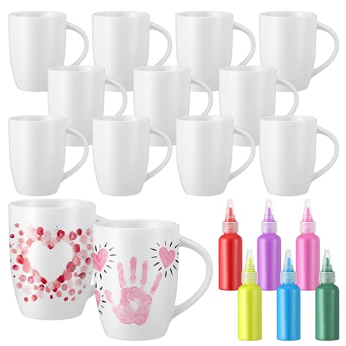 SiliFine 12 Pcs DIY Ceramic Mugs Crafts Kits Ceramic Mugs Gifts for Mom White Cups with 6 Bottles of Paint Make Your Own Fingerprint Heart Mug for Mom Gift Crafts Art Home Decoration