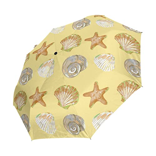 Acpiggto Auto Folding Umbrella Compact Umbrella Beige Starfish Conch Seashells Ocean Sea Mediterranean Sun Rain Umbrella Travel Lightweight Windproof For Women Men #TOP1