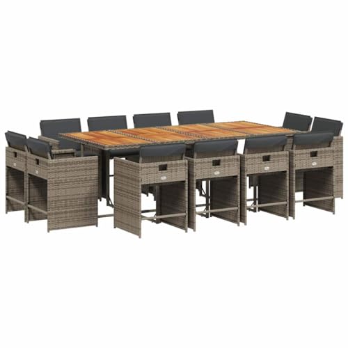 QJBSAVVA Salon de jardin 13 pièces avec coussins – Salon de jardin en polyrotin gris avec table en bois d'acacia, cube peu encombrant, pour jardin et...