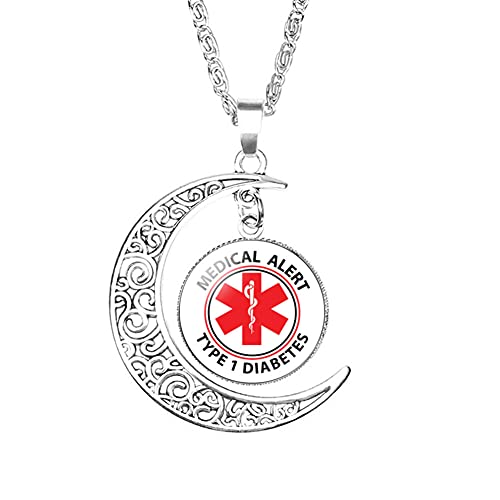 ForeverWill Frauen Mädchen Medizinischer Alarm Typ 1 Diabetiker Insulinabhängiges Bewusstsein Sonne Mond Halskette für Notfall Diabetes Anhänger Kette Identifikations Schmuck, mit Hilfsmittelbeutel Cover