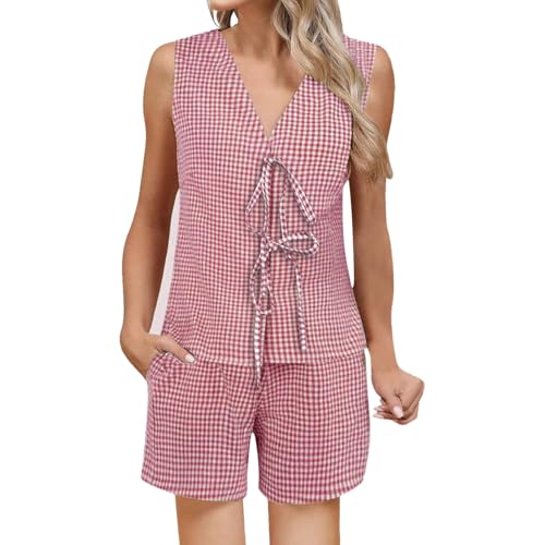 2026 - Conjunto de pantalones cortos de 2 piezas para mujer, conjunto de pijama de dos piezas, mangas abullonadas, parte superior con lazo frontal, conjunto de 2 piezas, rojo, L