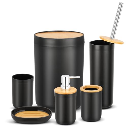 Set of 6 Complete Bathroom Accessories Set, Bathroom Set with Soap Dispenser, Toothbrush Holder and Cup, Soap Dish, Toilet Brush Holder, Trash Can, Bamboo and Plastic Bath Set Housewarming Gift