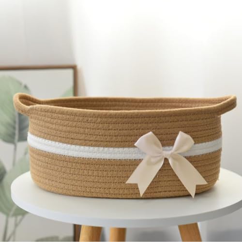 Image of Gift Baskets Empty, Small Woven Rope Storage Basket with Bow and Ribbons and Gift Wrap, Bowknot Decorative Gifts Basket with Handles, DIY Storage Organizer Basket for Wedding Graduation, Jute
