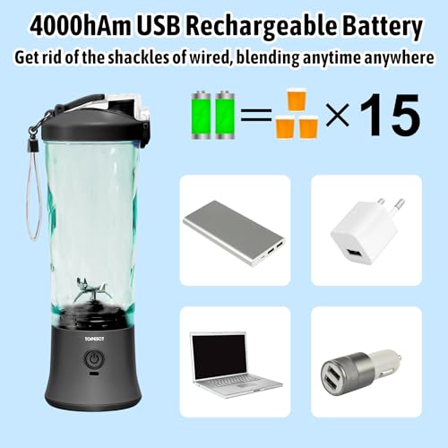 600ml Portable Blender USB Rechargeable, TOPESCT Waterproof Personal Blender for Shakes and Smoothies, 270W Strong Cutting Power with 6pcs 3D Blades for Travel, Office & Sports (Black) - Image 6