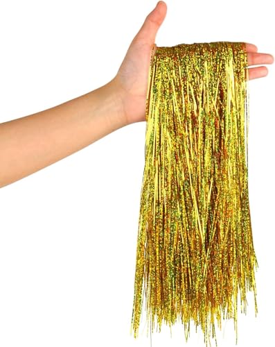 SULOLI 2000uds Oropel，Cinta de Decoración Navideña 1.5 mm x 50 cm - Dorado, Flecos Cortina de Oropel，Paquete Grande para Árbol de Navidad, Regalos y Decoración Festiva