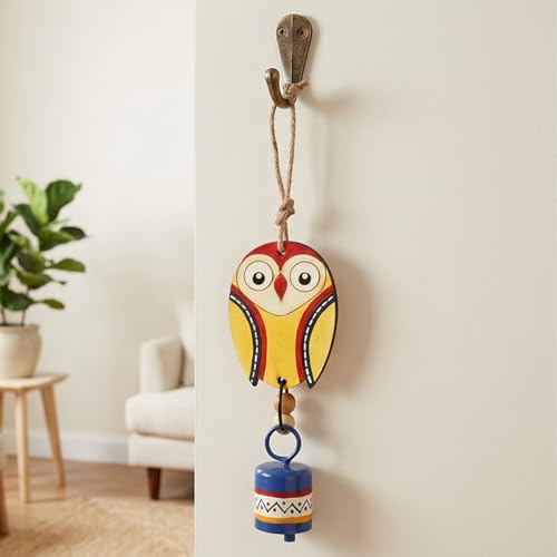 Image of Aakriti Art Creations Owl Wind Chime with Metal Bell in Yellow & Blue | Modern Art Handmade Wooden & Metal Wind Chime | Matte Decorative Wind Chimes for Balcony, Garden & Home, Living Room & Gifting