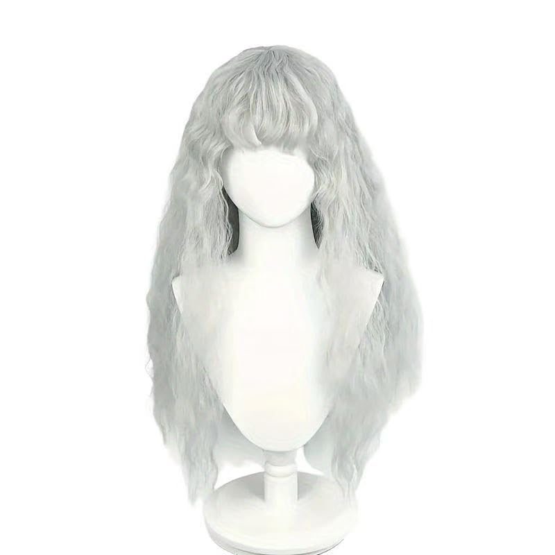 Women Long Wavy Gray Wig Synthetic Hair with Bangs for Griffith Cosplay Halloween