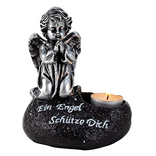Unbekannt Grabengel stehend auf Stein mit Spruch und Kerze scharz/Silber 15,5x13 cm