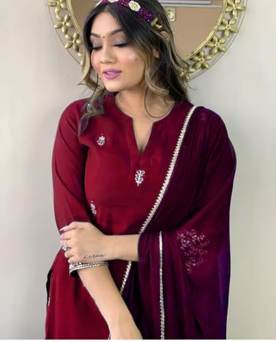 Image of Women Premium Collection Rayon Embroidered Straight Kurta Pant Dupatta Festive Ethnic Apparel Set