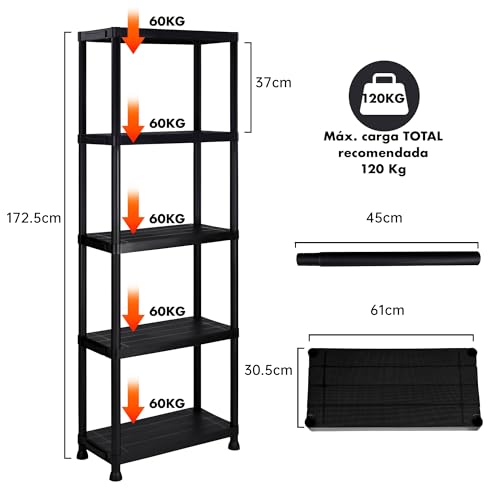 Pack 2 estanterías de plástico modulares 170x60x30 cm con 5 baldas Resistentes Cada una | Almacenaje Ideal para Interior y Exterior: Garaje, trastero, jardín, Oficina | Montaje sin Herramientas - imagen 3