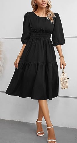 Image of Kormei Women Summer Casual Boho Floral Round Neck 3 /4 Sleeve Smocked Waist Tiered Flowy Swing Midi Dress S Black