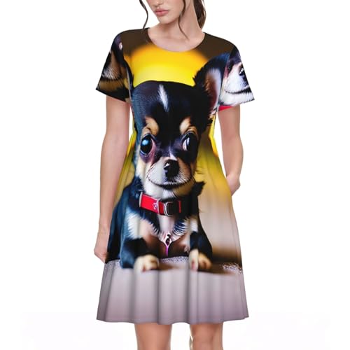 Robe d'été chihuahua femme décontractée à manches courtes col rond imprimé