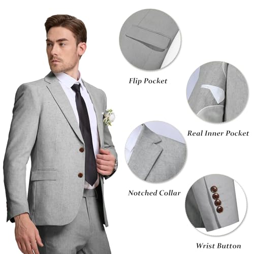 Image of Men's Linen Suit 2 Piece Slim Fit Summer Beach Wedding Prom Party | Breathable,Linen Blazer Suit Set,for Beach Weddings,Groom Wear,Prom and Outdoor Parties,Business Casual,Vacation Daily Wear