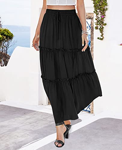 Myone Women Boho Elastic High Waist Skirt With Pockets A Line Layer Drawstring Ruffle Swing Flowy Ruched Tiered Maxi Skirt (Black, M) #TOP5