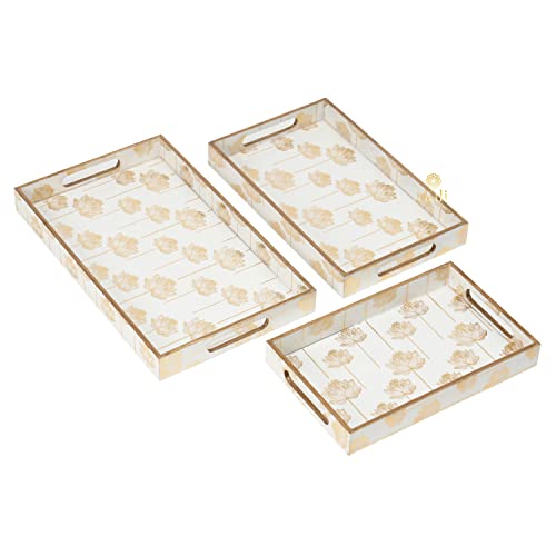 Image of DULI Rectangular Set of 3 MDF Wood Enamel Coated Multipurpose Trays| Serving Tray For Home & Dining Table (15x9,13x8 & 11x7 Inches) (Setof3- GoldLotus), Multipurpose Serving Tray