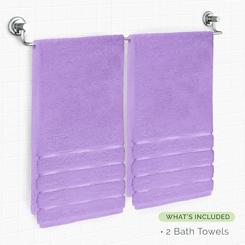 Image of Elegant Comfort 100% Turkish Cotton 4 Lines Viscose Stripe Luxury 2 Pack Bath Towel Set 27 x 54 Inch - Super Soft and Highly Absorbent Premium Hotel Spa Quality Towels for Bathroom Use, Lilac
