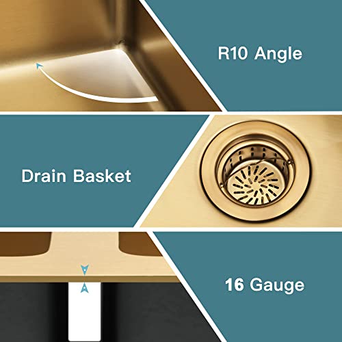 Lqs Kitchen Sink, Undermount Kitchen Sink, 32” X 18” Kitchen Sinks, Stainless Steel Sink, 50/50 Double Bowl Kitchen Sinks With Sink Drain Cover And Sink Grid, Gold Kitchen Sink #TOP6