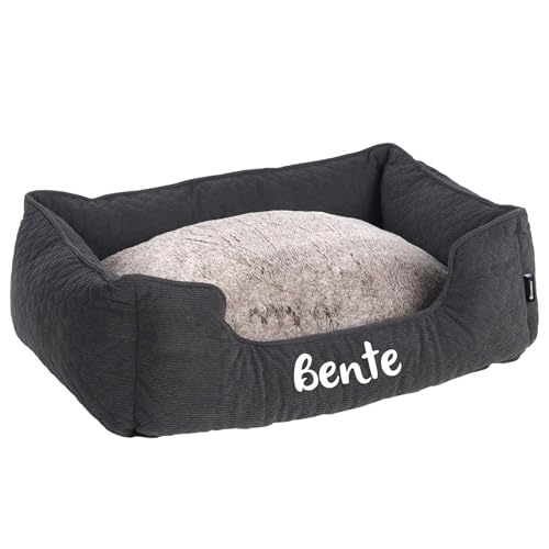 Mainely Personalisierbares Hundebett Fahra Rechteckig 100×80×25 cm (L) Dunkelgrau – weiches Bett mit Wendekissen & Rutschfester Unterseite – für große Hunde – personalisiert mit Namen – Petslino
