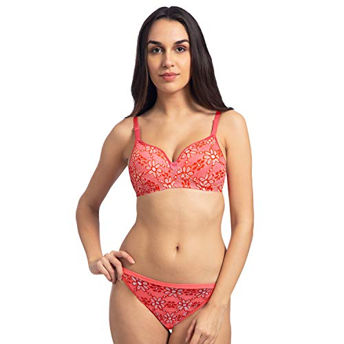 Image of Komli - Bridal Lightly Padded Push-Up Bra and Panty Set - Cotton Rich - Balconette - Seamless, Wireless, 3 /4th Coverage - Embroidered Floral Multicolor Lace on Cups with Halter Straps