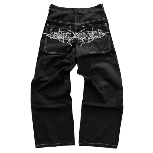 Caxndycing Pantalones vaqueros holgados para hombre y mujer, Y2k, pantalones de chándal holgados, estilo gótico, hip hop, pantalones vaqueros con pierna ancha y bolsillos, Negro , S