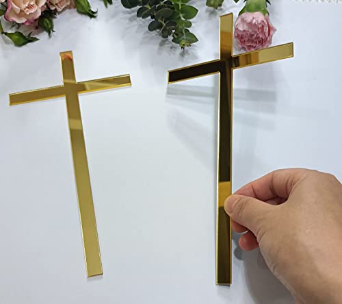 12pcs Cross Cake Charm, Slim Acrylic Christening Baptism Confirmation Decoration (8'', Gold Mirror)