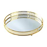 JSGHGDF Bandeja de almacenamiento de cosméticos con espejo dorado de lujo con marco de metal resistente para encimera de tocador, organizador de cosméticos con espejo