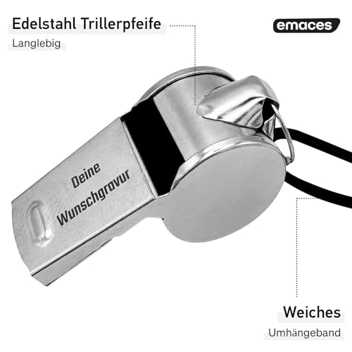 EMACES® Trillerpfeife aus Edelstahl mit Wunschgravur - perfekt als personalisiertes Geschenk für Männer und Frauen - Ideal für Sport, Training, Schiedsrichter, Lehrer und mehr