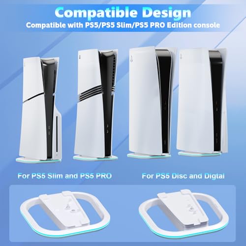 Image of HONCAM Vertical Stand for PS5 /PS5 Slim /PS5 Pro Consoles, PlayStation 5 Vertical Stand with 7 RGB Lights for PS5 Digital /PS5 Disc, PS5 Slim Digital /PS5 Slim Disc,PS5 Pro Console with Screw,White