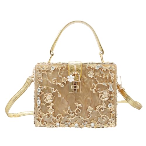 Tngan Women Evening Clutch Acrylic Square Box Bag with Rhinestones Shoulder Bag Crossbody Bag Handbag, Gold