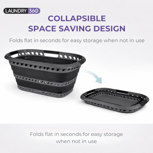 Image of Laundry 360 Collapsible Laundry Basket 40L | Portable | Space Saver Storage | Hold 2 Loads | Store Under the Bed or Closet | Good for Kids | Dorm | Bedroom | Large | Grey /Black