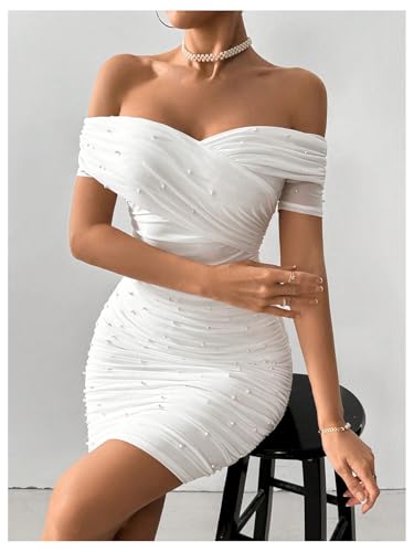 Floerns Women\'s Pearl Beaded Off Shoulder Short Dress Short Sleeve Bodycon Party Dresses White Small - Thumbnail 4