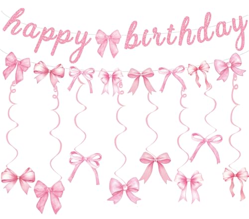Image of Pink Bow Happy Birthday Banner Garland and Hanging Swirls for Girl Pink Bow Coquette Birthday Party Decorations