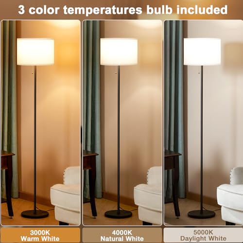 Image of Ambimall Floor Lamps for Living Room with 3 Color Temperatures Bulb & Pull Chain Switch, 60 inch Modern Standing Floor Lamp for Bedroom Kids Room Study Room（White Shade & Black Pole）