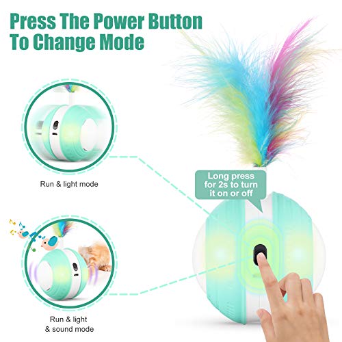 Interactive Cat Toys Ball with Colorful Light & Bird Sound - USB Charging Automatic Irregular 360 Degree Self Rotating Ball - 5 Replacement Feathers Robotic Cat Toy for Indoor Cats Kitten (Green)