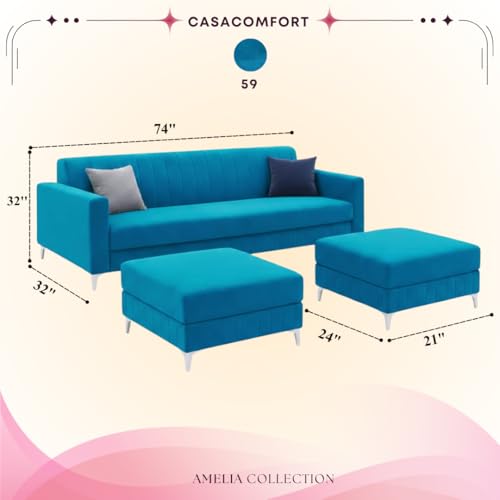 Image of Amelia 5 Seater L Shape Sofa Set with 2 Movable Ottomans | Flexible Layout | Rich Velvet Suede Fabric | Silver Legs | Spacious Soft Touch Seating | Modern Sofa for Living Room (Aqua Blue)