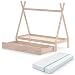 VitaliSpa Cama Tipo Tienda Tipi, Madera Natural, 200 x 96 cm Alto, con Cama de Invitados y colchón